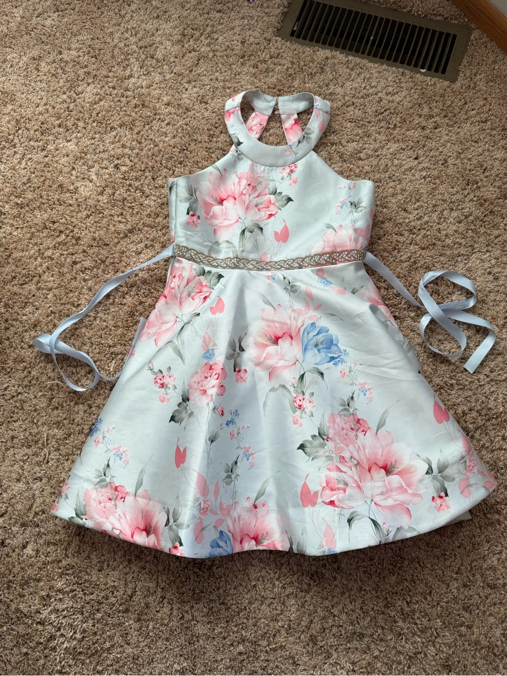 Rare Editions Light Blue Floral Halter Dress with Pink Accents